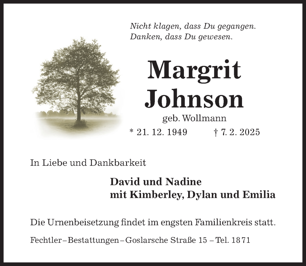  Traueranzeige für Margrit Johnson vom 13.02.2025 aus Hildesheimer Allgemeine Zeitung