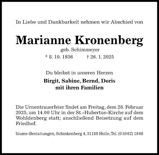 Traueranzeige von Marianne Kronenberg von Hildesheimer Allgemeine Zeitung