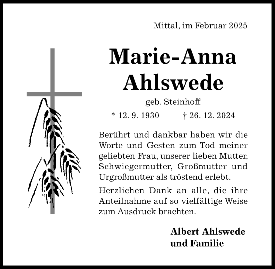 Traueranzeige von Marie-Anna Ahlswede von Hildesheimer Allgemeine Zeitung