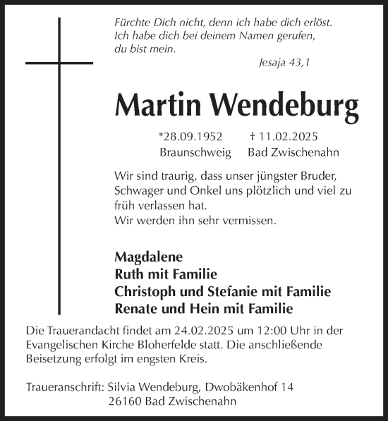 Traueranzeige von Martin Wendeburg von Hildesheimer Allgemeine Zeitung