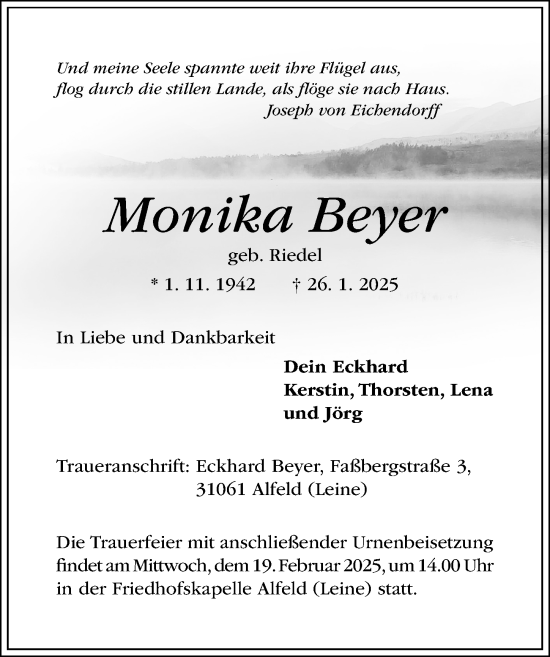 Traueranzeige von Monika Beyer von Hildesheimer Allgemeine Zeitung