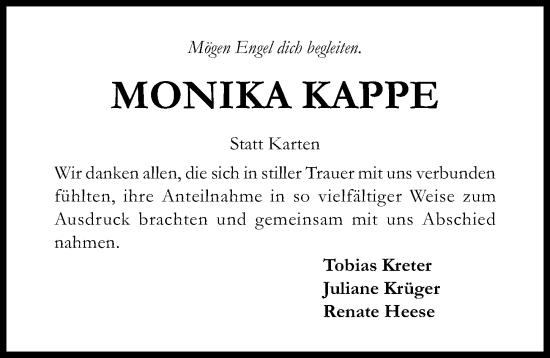 Traueranzeige von Monika Kappe von Hildesheimer Allgemeine Zeitung