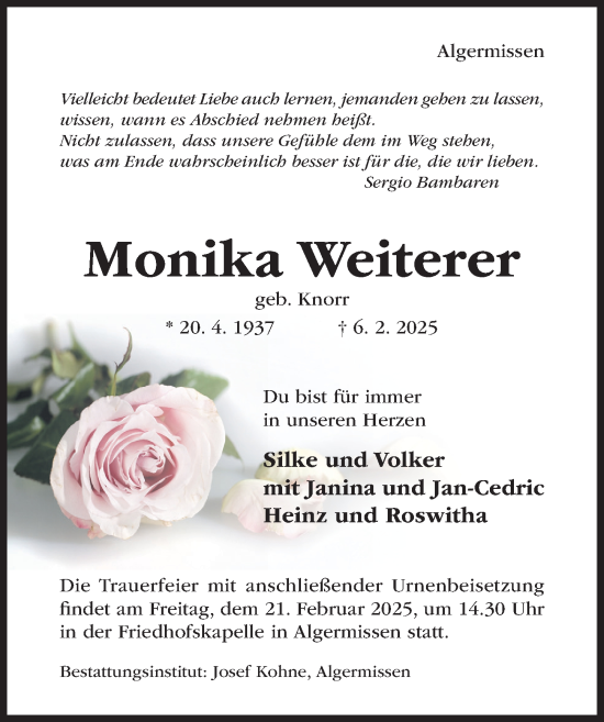 Traueranzeige von Monika Weiterer von Hildesheimer Allgemeine Zeitung
