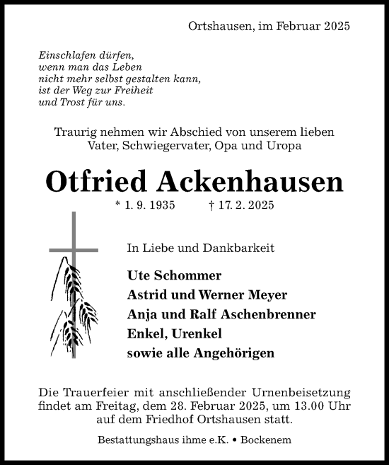 Traueranzeige von Otfried Ackenhausen von Hildesheimer Allgemeine Zeitung