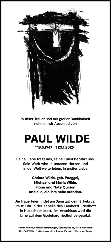 Traueranzeige von Paul Wilde von Hildesheimer Allgemeine Zeitung