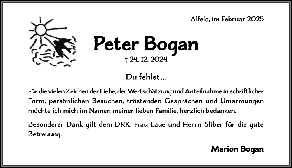  Traueranzeige für Peter Bogan vom 01.02.2025 aus Hildesheimer Allgemeine Zeitung