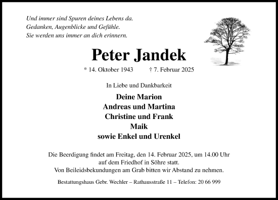 Traueranzeige von Peter Jandek von Hildesheimer Allgemeine Zeitung