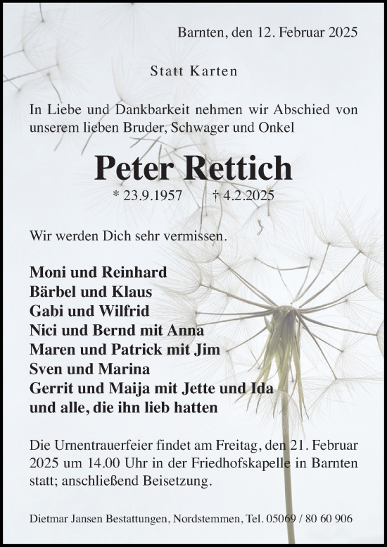 Traueranzeige von Peter Rettich von Hildesheimer Allgemeine Zeitung