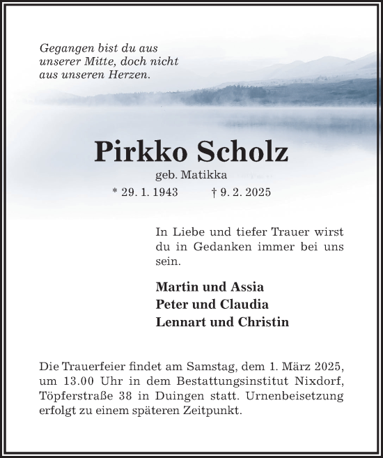 Traueranzeige von Pirkko Scholz von Hildesheimer Allgemeine Zeitung