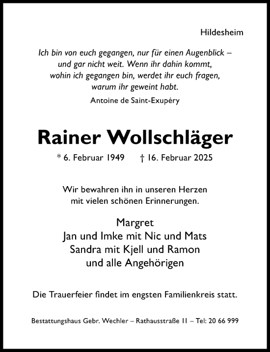 Traueranzeige von Rainer Wollschläger von Hildesheimer Allgemeine Zeitung