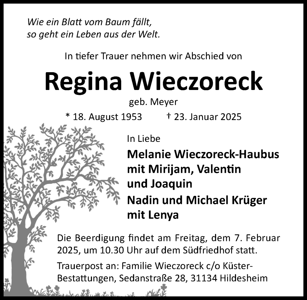  Traueranzeige für Regina Wieczoreck vom 01.02.2025 aus Hildesheimer Allgemeine Zeitung
