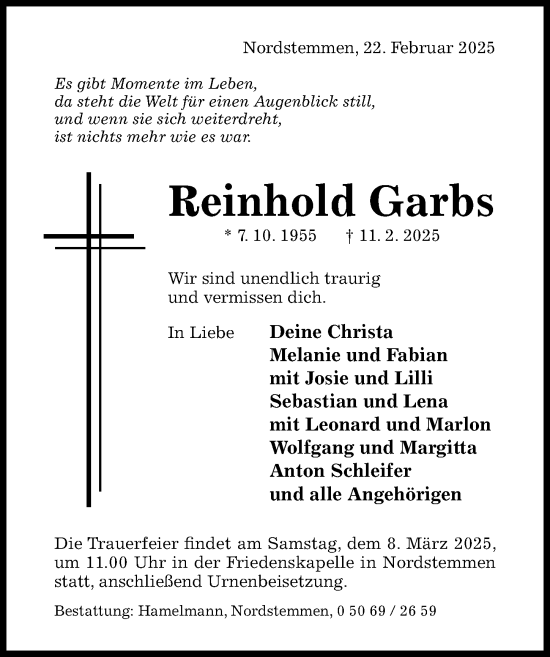 Traueranzeige von Reinhold Garbs von Hildesheimer Allgemeine Zeitung