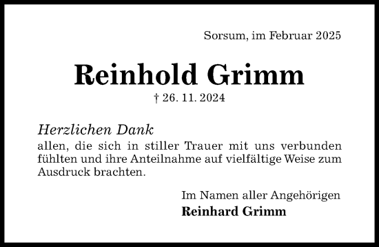 Traueranzeige von Reinhold Grimm von Hildesheimer Allgemeine Zeitung