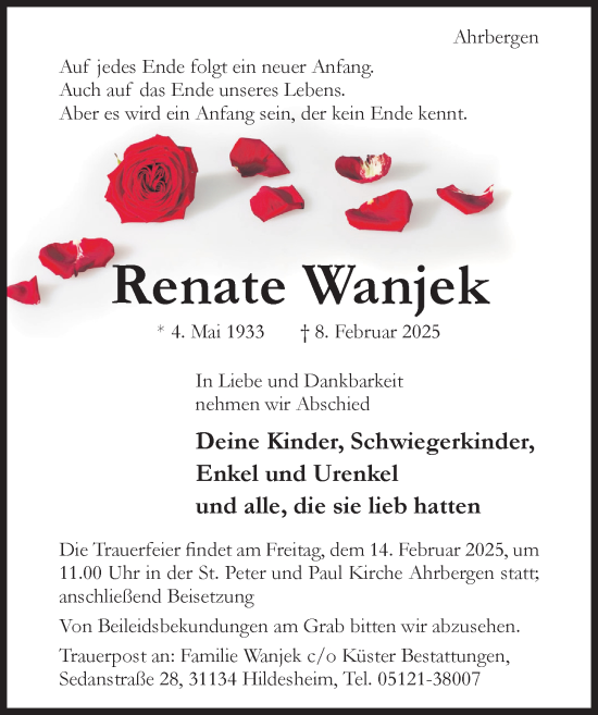 Traueranzeige von Renate Wanjek von Hildesheimer Allgemeine Zeitung