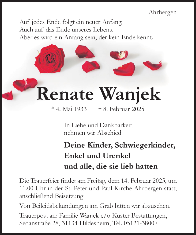 Traueranzeige für Renate Wanjek vom 12.02.2025 aus Hildesheimer Allgemeine Zeitung