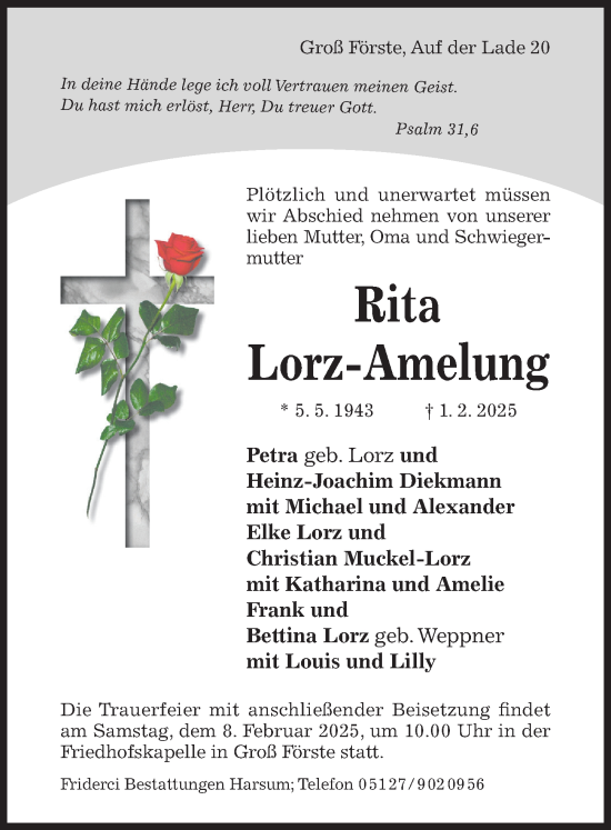 Traueranzeige von Rita Lorz-Amelung von Hildesheimer Allgemeine Zeitung