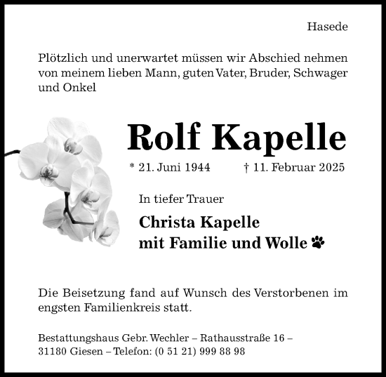 Traueranzeige von Rolf Kapelle von Hildesheimer Allgemeine Zeitung