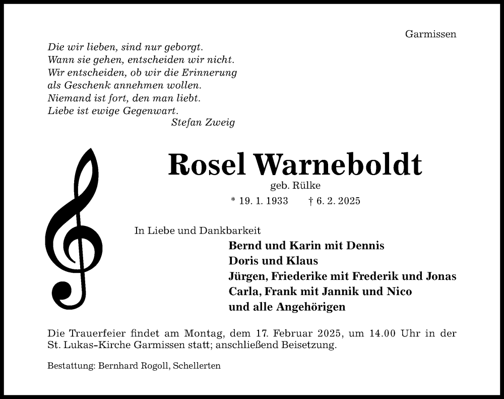  Traueranzeige für Rosel Warneboldt vom 12.02.2025 aus Hildesheimer Allgemeine Zeitung