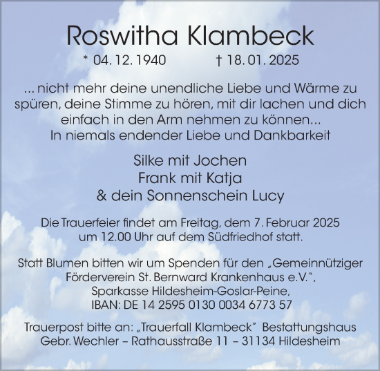 Traueranzeige von Roswitha Klambeck von Hildesheimer Allgemeine Zeitung