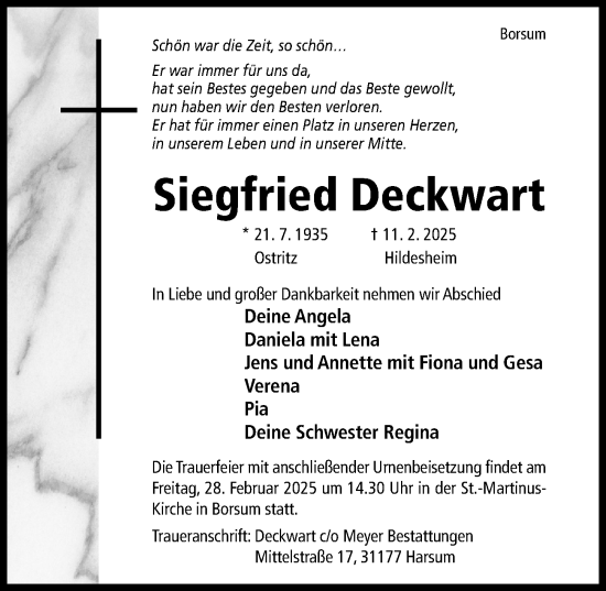 Traueranzeige von Siegfried Deckwart von Hildesheimer Allgemeine Zeitung