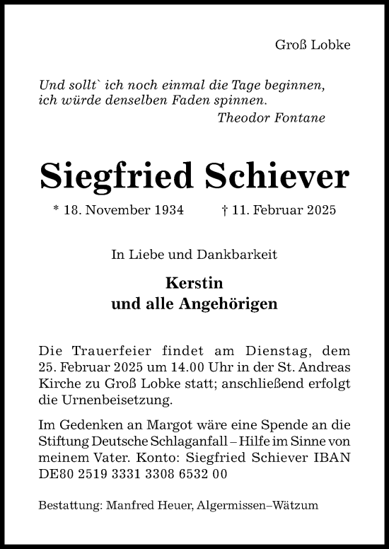 Traueranzeige von Siegfried Schiever von Hildesheimer Allgemeine Zeitung