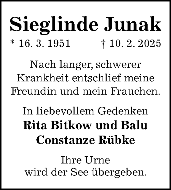 Traueranzeige von Sieglinde Junak von Hildesheimer Allgemeine Zeitung