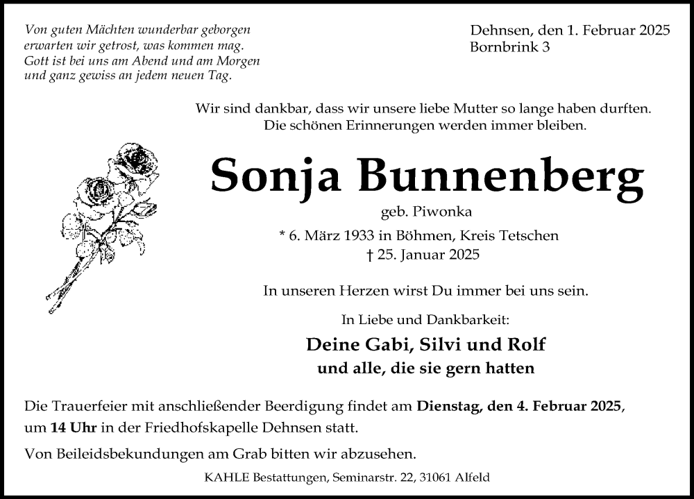  Traueranzeige für Sonja Bunnenberg vom 01.02.2025 aus Hildesheimer Allgemeine Zeitung