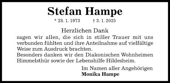 Traueranzeige von Stefan Hampe von Hildesheimer Allgemeine Zeitung