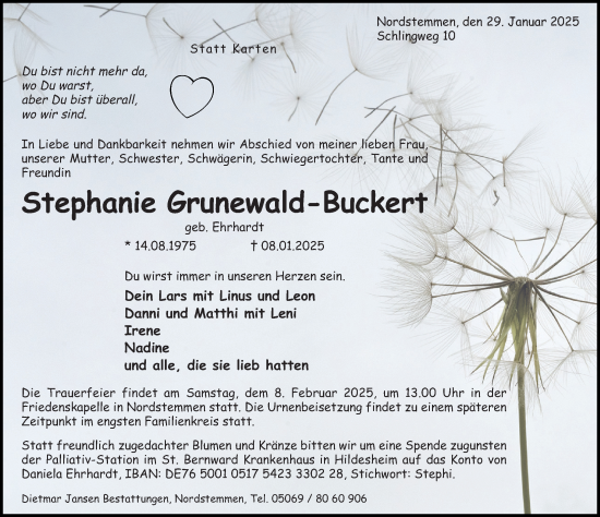 Traueranzeige von Stephanie Grunewald-Buckert von Hildesheimer Allgemeine Zeitung