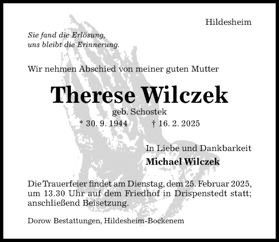 Traueranzeige von Therese Wilczek von Hildesheimer Allgemeine Zeitung