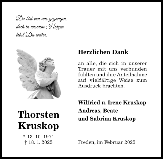 Traueranzeige von Thorsten Kruskop von Hildesheimer Allgemeine Zeitung