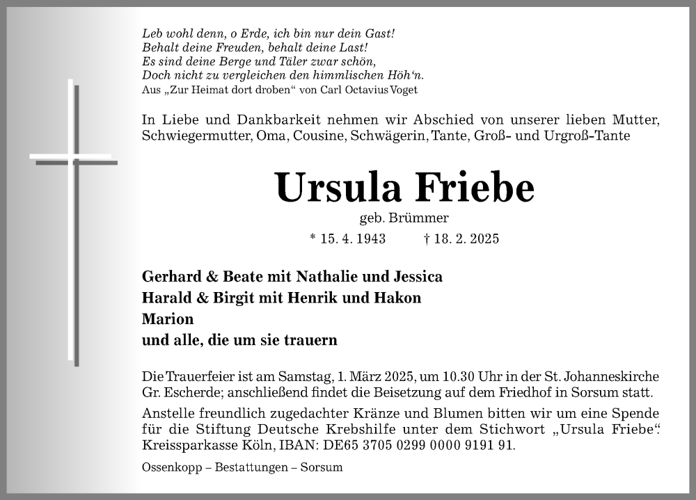  Traueranzeige für Ursula Friebe vom 22.02.2025 aus Hildesheimer Allgemeine Zeitung