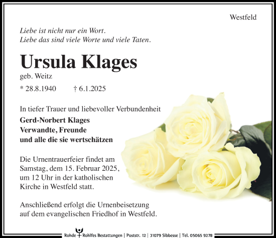 Traueranzeige von Ursula Klages von Hildesheimer Allgemeine Zeitung