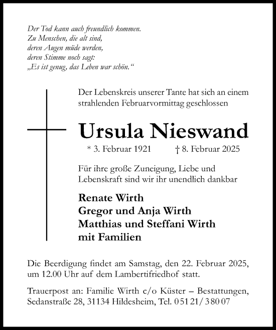Traueranzeige von Ursula Nieswand von Hildesheimer Allgemeine Zeitung