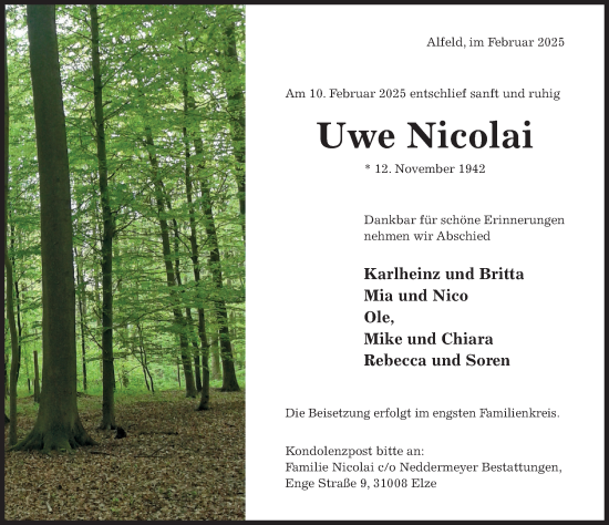 Traueranzeige von Uwe Nicolai von Hildesheimer Allgemeine Zeitung