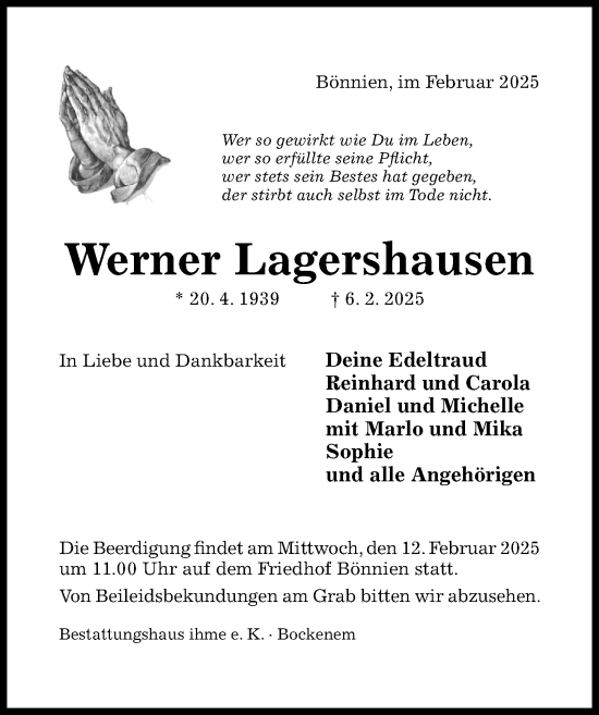 Traueranzeige von Werner Lagershausen von Hildesheimer Allgemeine Zeitung