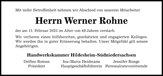 Traueranzeige von Werner Rohne von Hildesheimer Allgemeine Zeitung