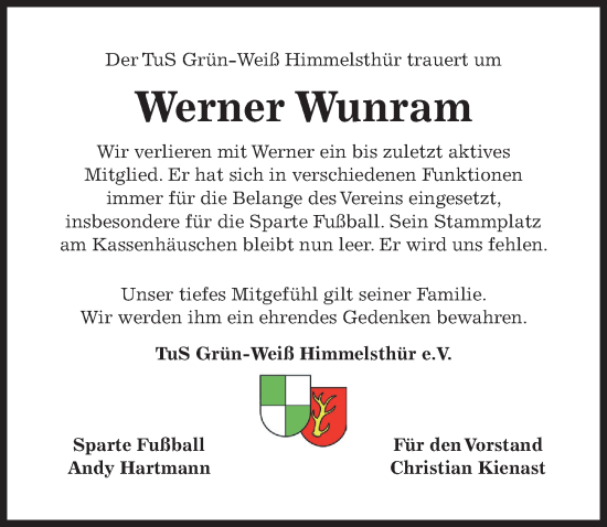 Traueranzeige von Werner Wunram von Hildesheimer Allgemeine Zeitung