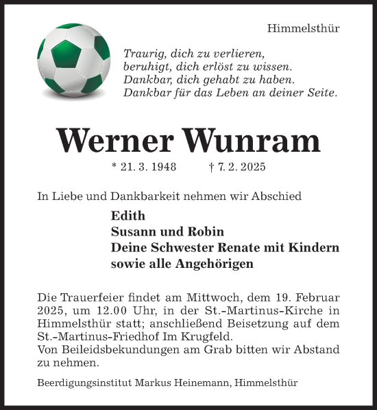 Traueranzeige von Werner Wunram von Hildesheimer Allgemeine Zeitung