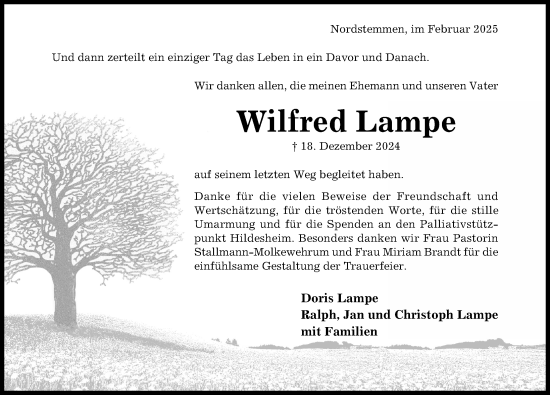 Traueranzeige von Wilfred Lampe von Hildesheimer Allgemeine Zeitung