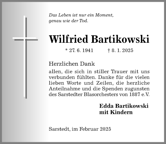 Traueranzeige von Wilfried Bartikowski von Hildesheimer Allgemeine Zeitung