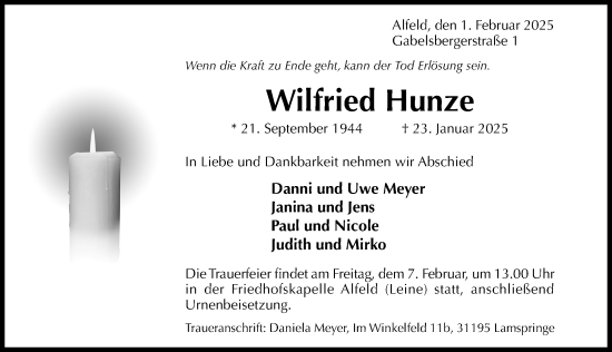 Traueranzeige von Wilfried Hunze von Hildesheimer Allgemeine Zeitung