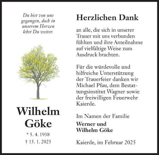 Traueranzeige von Wilhelm Göke von Hildesheimer Allgemeine Zeitung