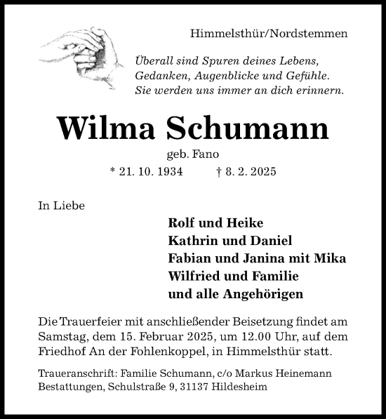 Traueranzeige von Wilma Schumann von Hildesheimer Allgemeine Zeitung