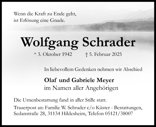 Traueranzeige von Wolfgang Schrader von Hildesheimer Allgemeine Zeitung