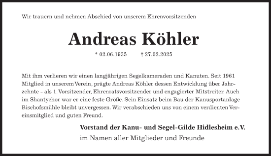 Traueranzeige von Andreas Köhler von Hildesheimer Allgemeine Zeitung