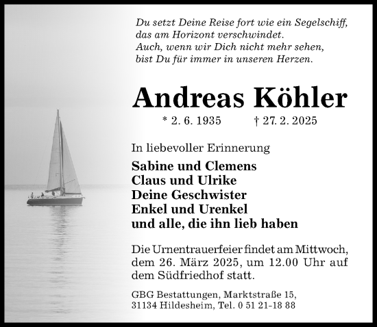 Traueranzeige von Andreas Köhler von Hildesheimer Allgemeine Zeitung