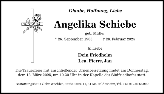 Traueranzeige von Angelika Schiebe von Hildesheimer Allgemeine Zeitung