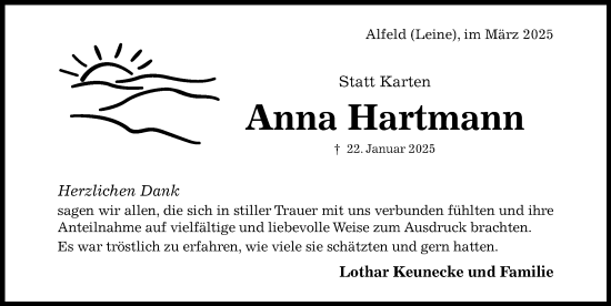 Traueranzeige von Anna Hartmann von Hildesheimer Allgemeine Zeitung