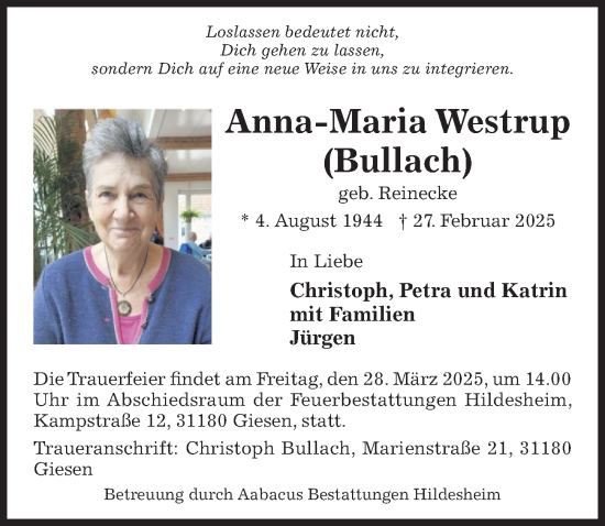 Traueranzeige von Anna-Maria Westrup von Hildesheimer Allgemeine Zeitung